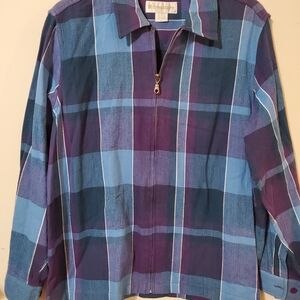 Vintage Buffalo Plaid Shacket Blue Purple Plaid Full Zip Textured Overshirt